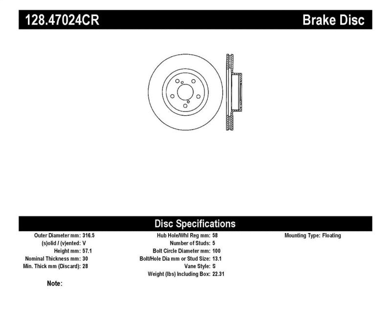 StopTech Subaru 14-18 Forester / 05-14 Legacy / 10-14 Outback Drilled Right Front Cryo Rotor