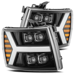 AlphaRex 07-13 Chevy 1500HD NOVA LED Proj Headlights Plank Style Gloss Blk w/Activ Light/Seq Signal