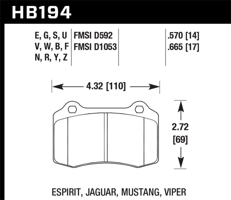 Hawk 96 & 00-02 Dodge Viper GTS/00-02 Viper RT 10 / 00 Ford Mustang SVT Cobra Race DTC-70 Brake Pads